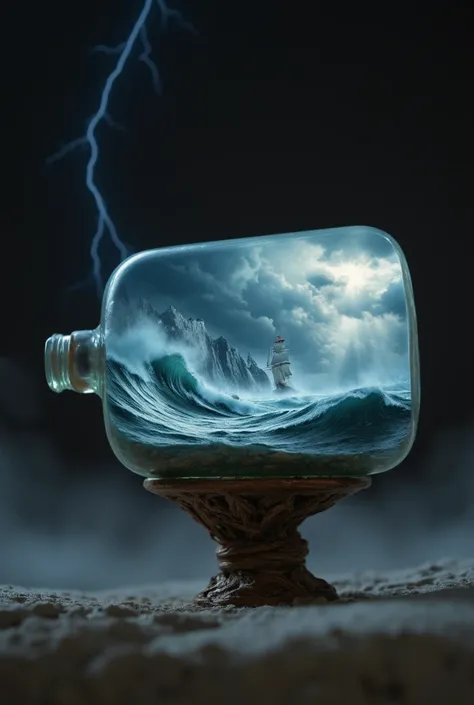 Miniature faking, A dramatic and hyper-realistic depiction of a violent storm and tempest on the high seas, all this scene in a glass bottle placed horizontally on a stand 
