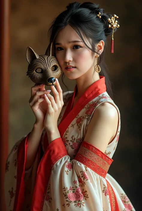 /I A beautiful woman dressed in Chinese-style Miao clothing, wearing a hairpin, holding a carved fox mask next to her left cheek, studio photography, warm light. --ar 9:16 --v 6.1