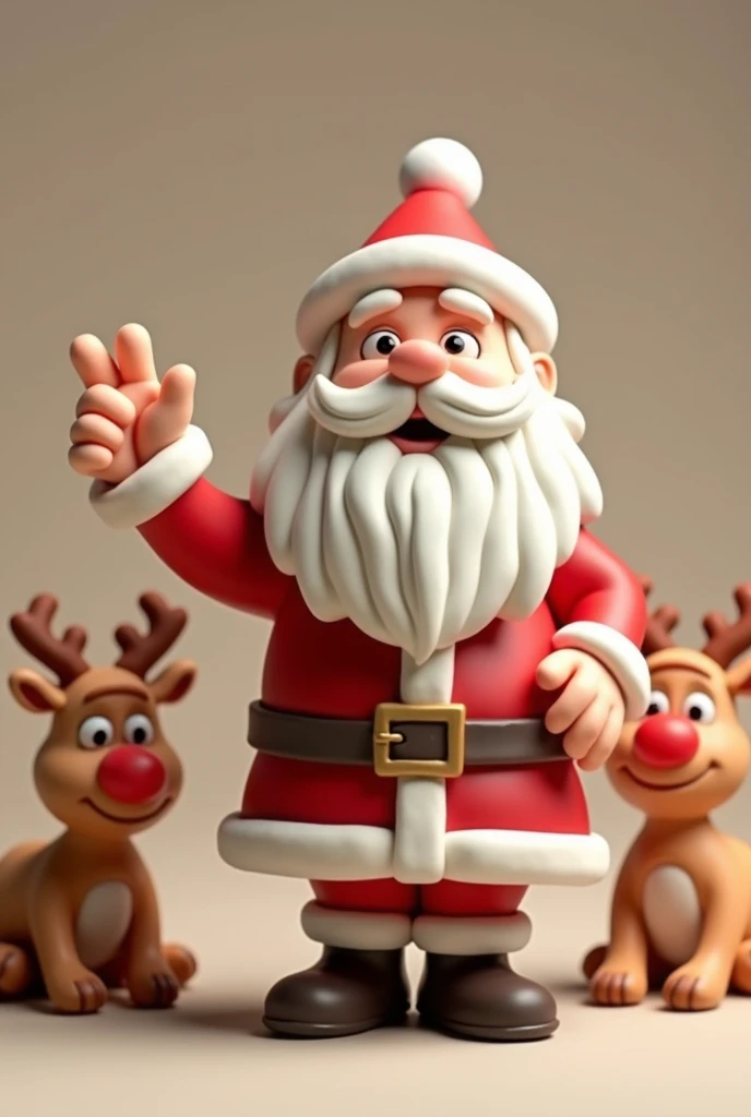  Santa Claus made of plasticine with a Christmas hat making the symbol of peace with his right hand, with plasticine reindeer too . With a fun pose 