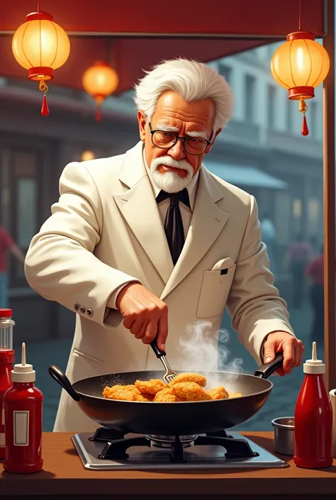 a photo illustration of Colonel Sanders working in fried chicken food street vending chart, frying chicken, fry pan and stove, a bunch of ketchup bottle, hyper realistic, super detailed, best quality