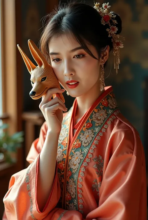 /I A beautiful woman dressed in Chinese-style Miao clothing, wearing a hairpin, holding a carved fox mask next to her left cheek, studio photography, warm light. --ar 9:16 --v 6.1