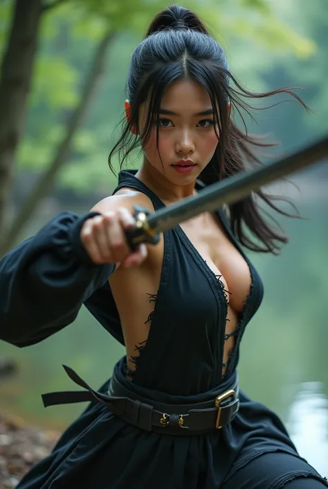 live-action、 realistic :1.5、8k、 anatomically accurate、 Beautiful Asian Girls、 female ninja in quest、 sexy shinobi costume with lots of exposure、Clothes are torn and skin is exposed、Deep slit、Hold a sword and attack posture 、Forest Lake 