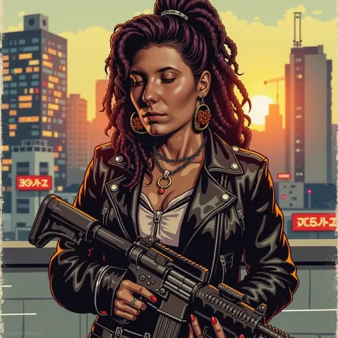 A gritty, high-contrast detailed dtg print in the style of Blade Runners Ridley Scott, with a warm, golden hour glow. Illustration features a cyberpunk female,  with dark thick dreadlocks, stands against a dystopian cityscape, her intense expression illumi...