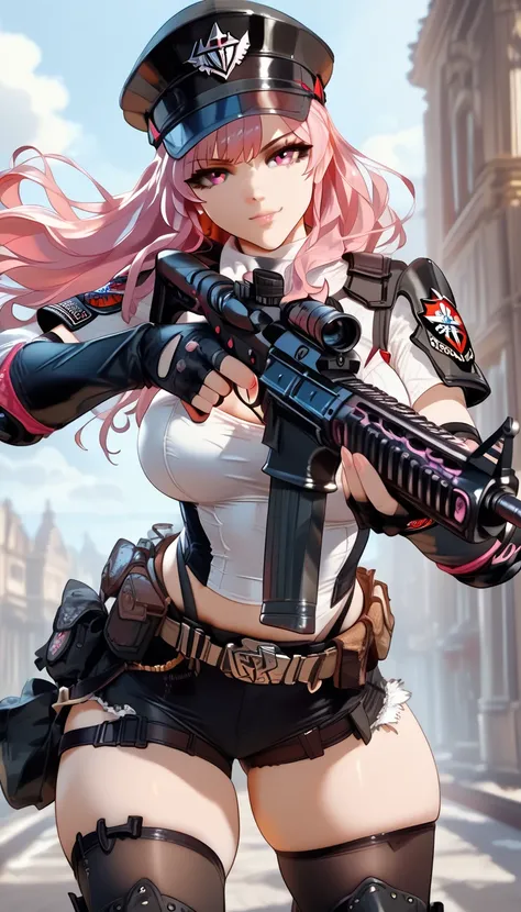 ultra-detailed, 1girl, solo, ((masterpiece)), (best quality), (highres), 16K, pink eyes, pink hair, long hair, cap, wearing tactical clothes, fingerless gloves, tactical belt, thighhighs, knee pads, black thong, boots, busty body, large breasts, showcasing...