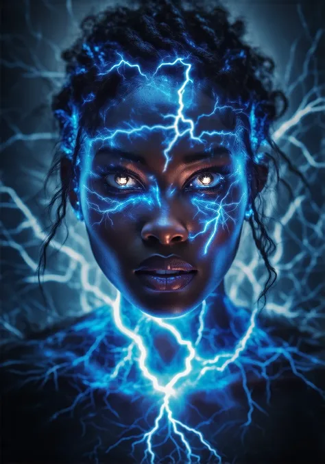 auralora, A fierce woman surrounded by a vibrant, electric aura with crackling blue lightning bolts sparking around her. The aura casts intense, sharp shadows and reflections across her face, enhancing her powerful, focused gaze. The dark, minimal backgrou...