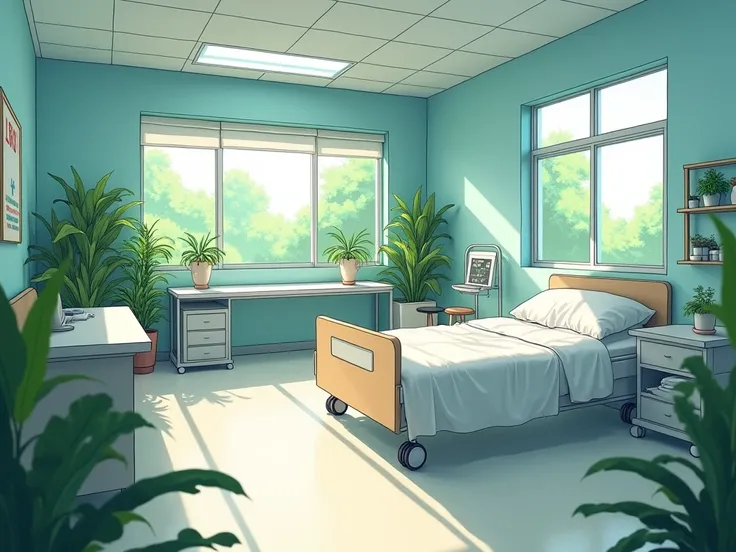 `hospital room, inspired by senior environment artist, pixiv, maximalism, (so many plants), soft cute colors, detailed wide shot, Kyoto Animation Studio anime style 4 k, serene illustration --ar 16:9 --niji`