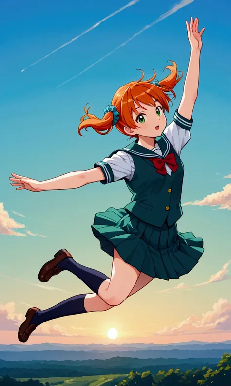 1girl, orange hair, long hair, short twintails, scrunchies, orange hair, green school uniform, sky, jumping, masterpiece, perfect, perfect face, details