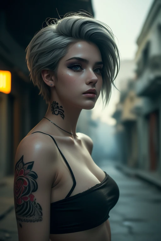 (masterpiece,  high definition ,  top quality ), ((20-year-old woman,  focus on the upper body)),  detail eyes,  AVANT-GARDE MAKEUP , Dirty Short Hair :1.2, Grey Hair,  tube top , full body tattoos,  Blurry Background, A deserted backstreet in Cuba:1.3,  c...