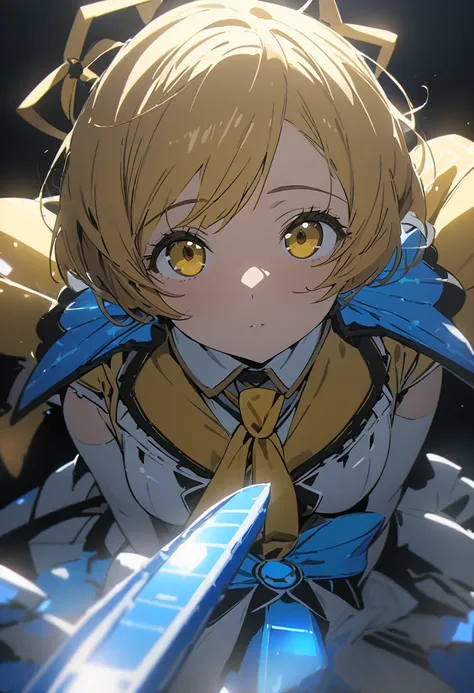 (tomoe mami), cool, dramatic pose, (masterpiece, best quality, ultra detailed), (cinematic lighting), blue idol costume, (pov, ), (looking at viewer), incoming hug, (extremely close-up of face, ), kindly, gently, 