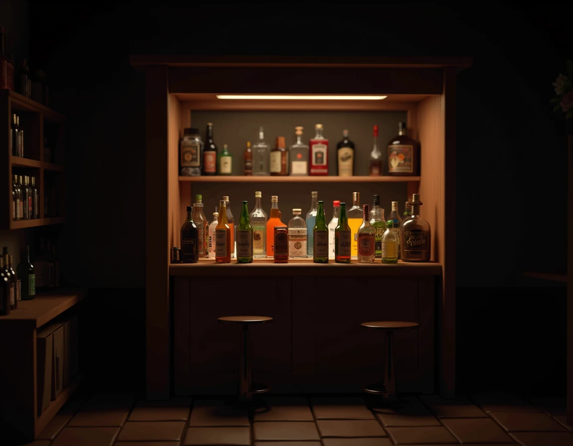 
Small homemade bar with a photo of sections bottles in front of dark environment