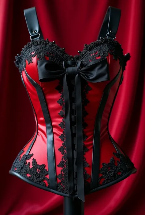 An overbust corset crafted from vibrant ruby red satin with ornate black lace overlay in floral patterns. The corset has a dramatic sweetheart neckline adorned with tiny black crystals and delicate rose appliqués. The sides feature structured panels in mat...