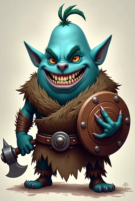 I need a blue potato face with funny evil grin, with tiny ears, big nose in a barbarian dress, holding a round shield and axe