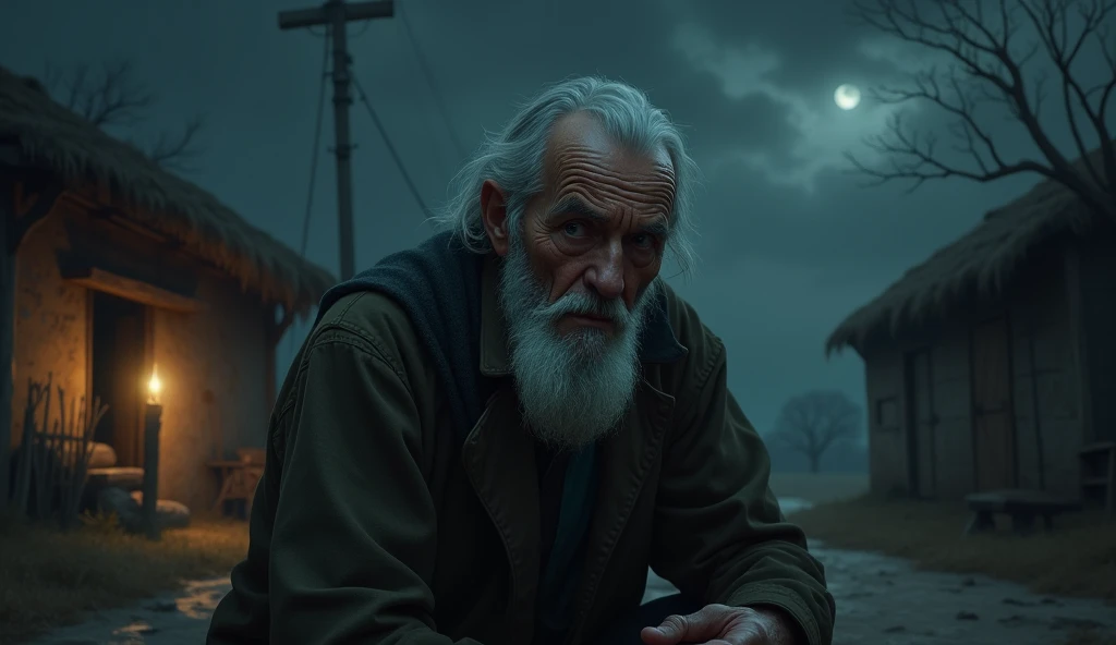  Old Man, sad, village house, night atmosphere