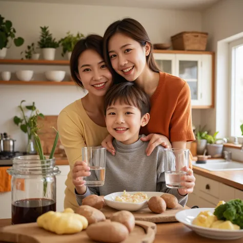 A kitchen and in the background a mother and her son smiling, they are drinking water. They both have clothes of different colors.