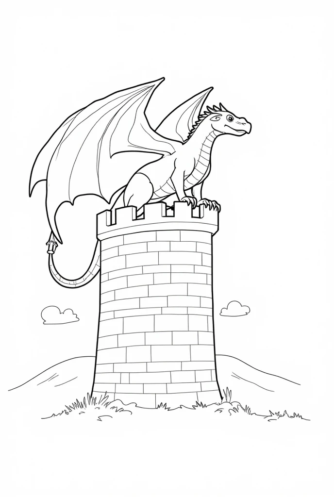 Dragon and the Castle

Prompt:
"Line art of a dragon perched on the tower of an ancient castle. The dragon’s wings are spread wide, and it gazes down over the kingdom. Its body is muscular and sleek, with large, angular horns and sharp claws. The castle to...