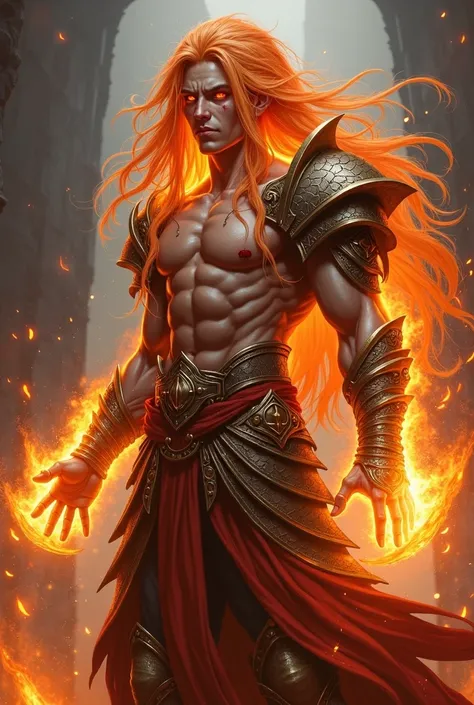  Im creating a character for D &.  I would like you to do a fire genasi with draconic armor,  with flaming hair and a serene face and a piercing red look . Your hands on fire . 