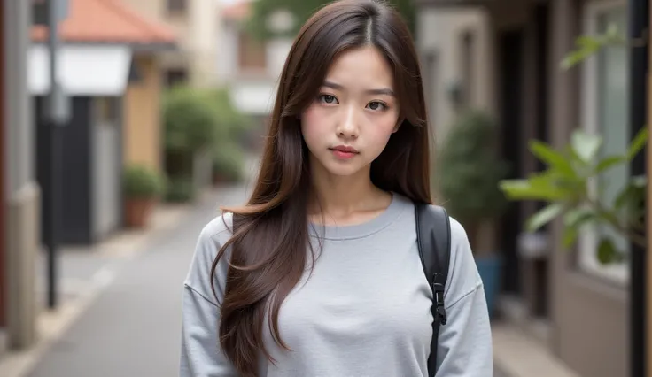 A 19 year old girl, long straight hair,  with sweet features and a naive but concerned expression . She wears university clothes :  a backpack over her shoulder and a light sweatshirt .  The scene conveys a sense of innocence ,  with her standing on a subu...