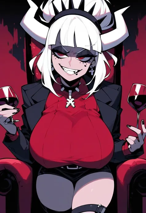 Helltaker pretentious open pose smug arrogant bored Lucifer :  bossy blonde with white horns in a black jacket and red shirt lots of leather belts with spikes and buckles sits on a throne of bone in her hands a glass of wine.  passionate look .  long white...