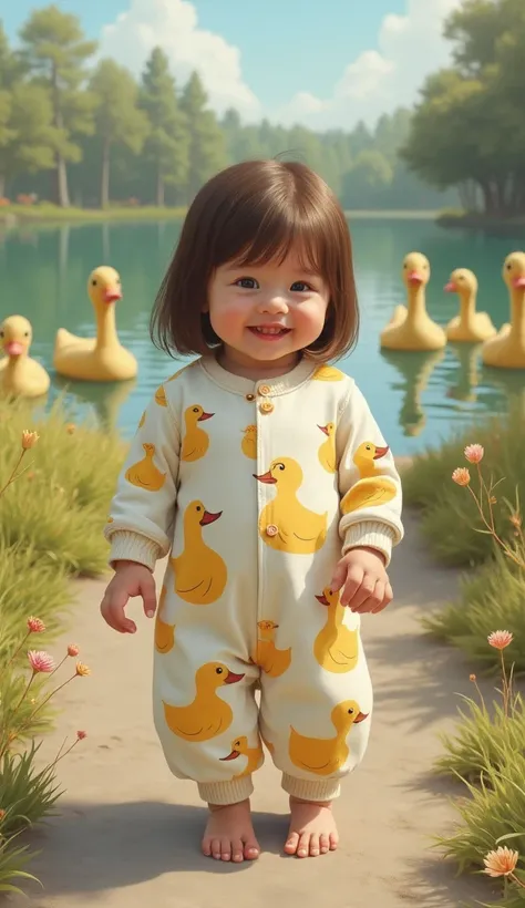  Ultra-realistic oil-painted image of a baby with straight brown hair with bangs,  smiling dressed in a beautiful duck print outfit , on a road with grass and flowers on each side , with a background of a large lake with several ducklings 