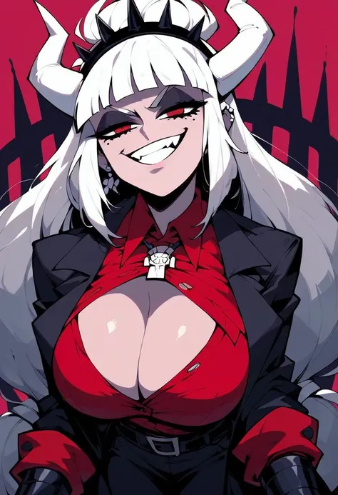 Helltaker pretentious open pose smug arrogant bored Lucifer :  bossy blonde with white horns in a black jacket and red shirt deep neckline on her chest silver fleece (icon) lots of leather belts with spikes and buckles sits on a throne of bone in her hands...