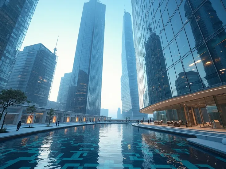 futuristic glass office on top of a digital skyscraper, main entrance to a very tall building, direct gaze