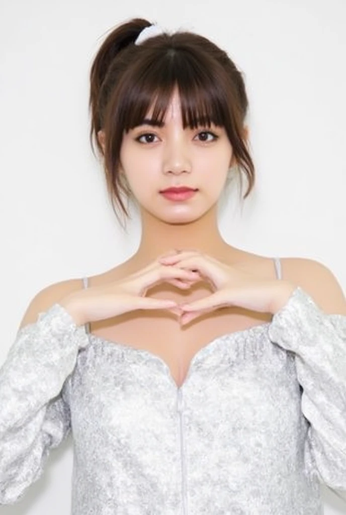  1 woman with a cute smile、Im wearing cute clothes 。,  fluffy off-shoulder pajamas,  Making a big heart with both hands , Hold it in front of your chest , View above the collarbone、  has a monotone background  

