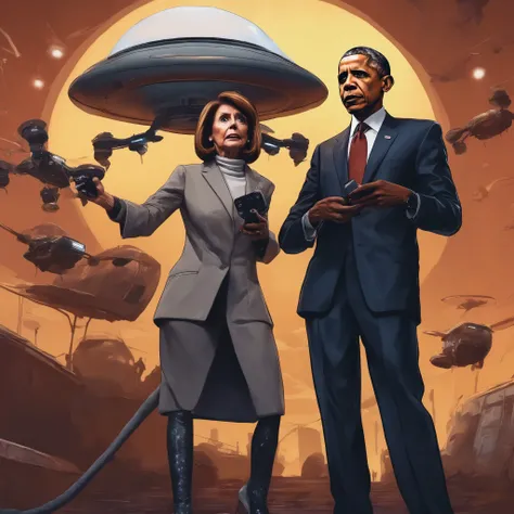 Nancy Pelosi and Barack Obama in messy cat burglar outfits, the have over sized faces and huge sad eyes, they are in the spotlight holding a remote control, ufo drones with antennae hover, night 