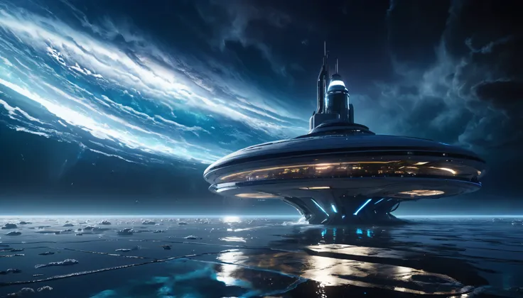 A photo-realistic view of a massive spaceship with a sleek, modern design, white with reflective surfaces and glowing thrusters in deep blue, floating just above the surface of a water-covered planet. The spaceship has a sharp, angular body with smooth cur...