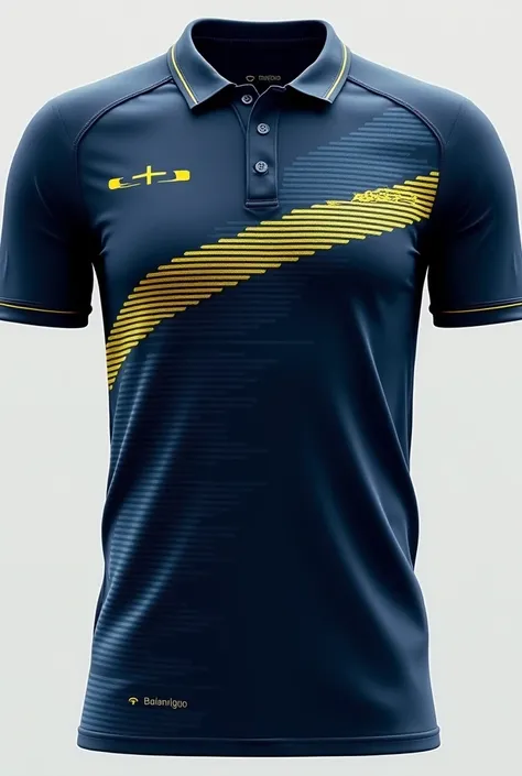  create a navy blue soccer jersey with a pixelated yellow stripe blurred horizontally or crossed on the front,  with the stripes in light blue and yellow pixelated , collar with button  