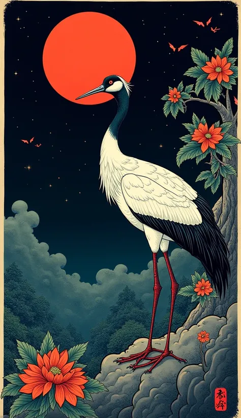 Japanese Traditional Woodblock print. A midnight sky, darkened by the eerie glow of a vermilion moon, casts an otherworldly light on a serene landscape. A majestic crane stands tall amidst a tapestry of intricate patterns and textures. its feathers rendere...