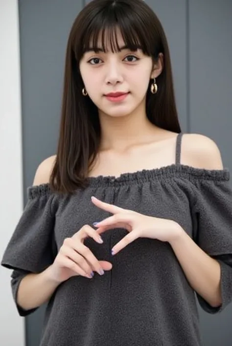  1 woman with a cute smile、Im wearing cute clothes 。,  fluffy off-shoulder pajamas,  Making a big heart with both hands , Hold it in front of your chest , View above the collarbone、  has a monotone background  

