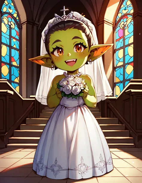 score_9, score_8_up, score_7_up, (((1 girl))), wedding_dress, green goblin girl, indoors, church, happy face, perfect beautiful face, standing, (((personless background)))