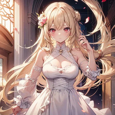 
A teenage anime girl، with a cool face .Red eyes,  very long beige hair ,  beige eyelash . She is wearing a wedding dress with large, exposed breasts