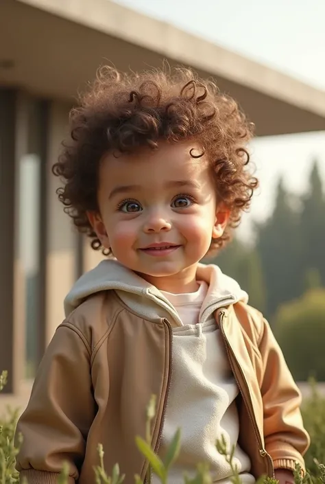 Beautiful  male baby with curly hair and small colored eyes 
light brown, white leather and elegant clothing, detailed against a background of a modern house in the background and low trees with medium lighting 