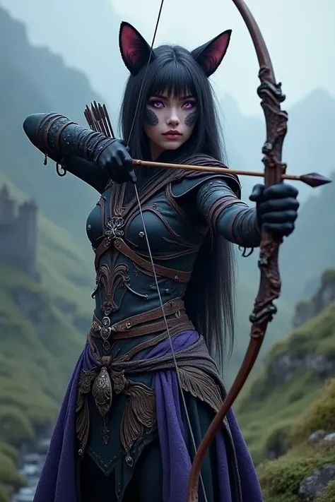 Female, Purple eyes, cat man, medieval clothing, bow and arrow, black fur