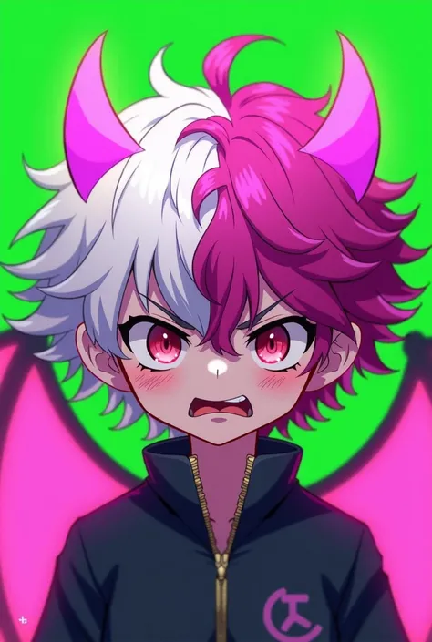 "Masterpiece, anime-style inspired by Boku no Hero Academia, highly stylized, designed as a Twitch emote. Medium close-up shot of a boy with clean white skin and short, wavy hair, split into two colors: white on the right side and vibrant fuchsia on the le...