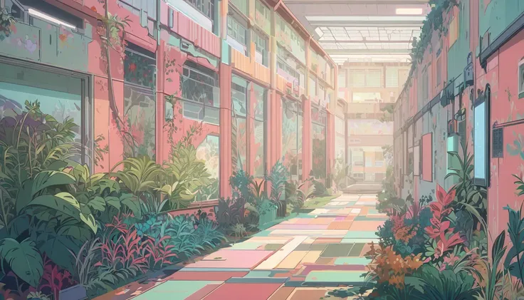 `hospital hallway, inspired by senior environment artist, pixiv, maximalism, (so many plants), soft cute colors, detailed wide shot, Kyoto Animation Studio anime style 4 k, serene illustration --ar 16:9 --niji`