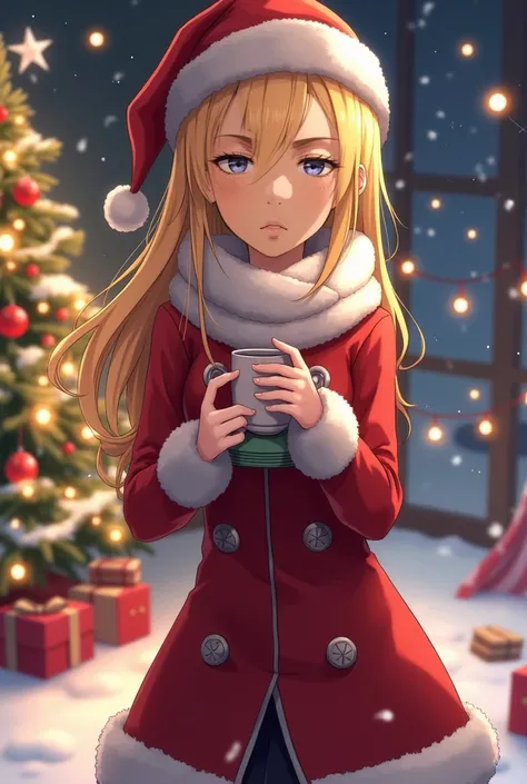 Image of Annie leonhardt of the Attack on Titan anime celebrating Christmas