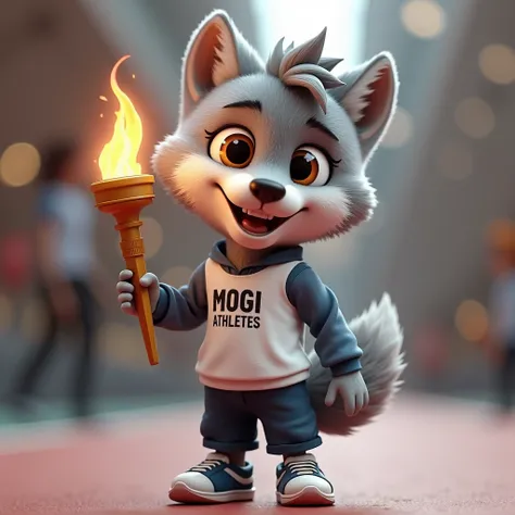  beautiful gray 3D wolf    、   big eyes   、 fofo、   shirt printed Mogi Athletes   、pants、shoe、dress、running、no local､   masterpiece   ,   blurry background, beautiful, collar 、   holding an Olympic torch 