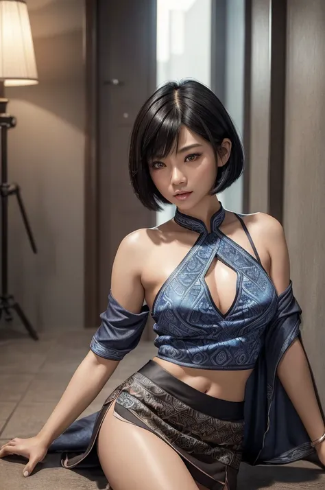 (ultra-detailed, realistic:1.37), beautiful Asian woman with pixels bob cut short black hair and blue eyes, full waist up pose , Upper knees pose ,wearing a low-cut seethrough grayish transparant blouse exposing clevage with a tribal pattern and a very sho...