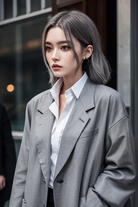 Androgynous Style , woman,  Oversized Blazer, Gray Hair, Heavy makeup,