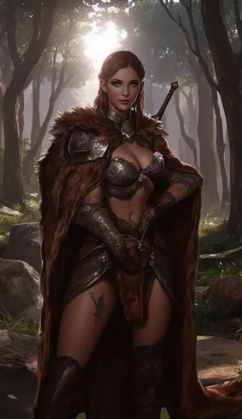 A (detailed illustration), 3/4 body shot, of a brunette woman, (((thick muscular body))). She is a viking warrior, with beautiful face, (detailed face), (braided hair), blue eyes, (detailed eyes), (((Molly Jane))), striking pose, (((viking fur armor))), (b...