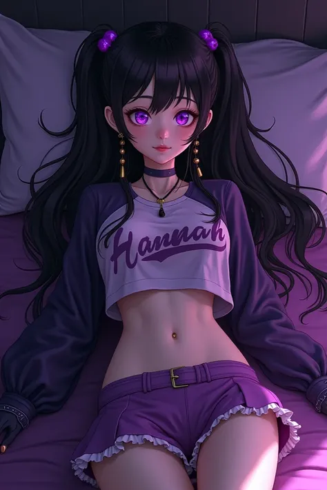 create an image of a realistic Korean woman with a crop top written Hannah and her hair black with purple highlights, her eyes purple, and her skirt showing her belly button, and the scenery dark with purple and she is lying down 