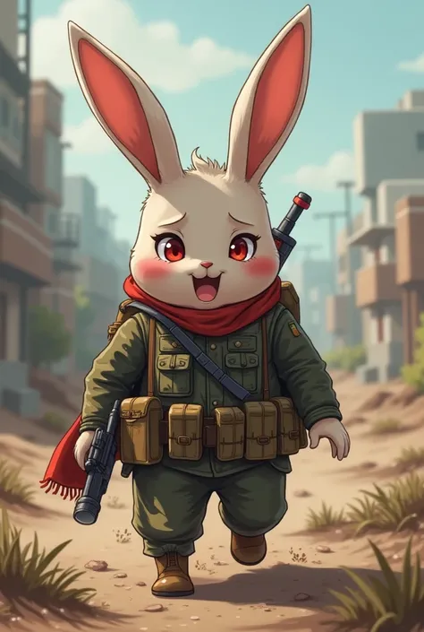 My stomach after drinking alcohol with red eyes comes out and is wearing a combat uniform, but it doesnt subside, and Devesos anime-style rabbit goes out to the battlefield and goes out into battle carrying missiles and is scared