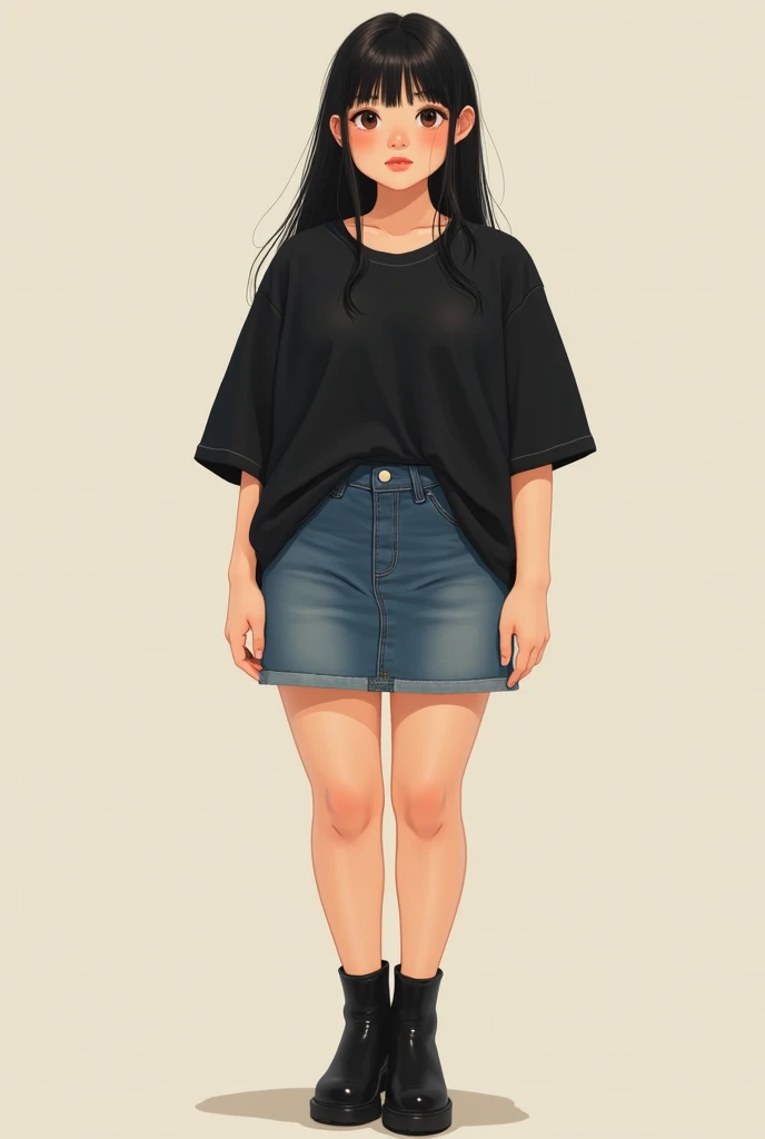 Chubby Asian woman with light yellow-toned skin, black long hair with bangs, wearing oversized a black T-shirt, a short jeans skirt and  black short boots