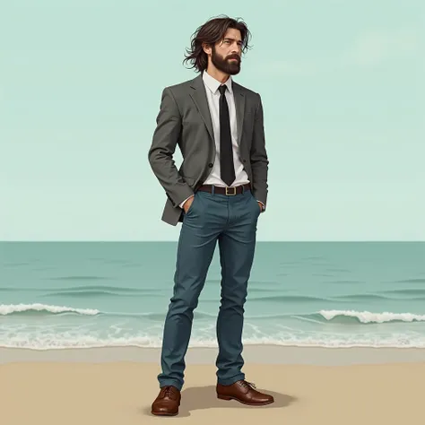 Long hair man tired look on face wearing grey suit black tie blue jeans brown shoes on the beach no beard holding a revolver in right hand 