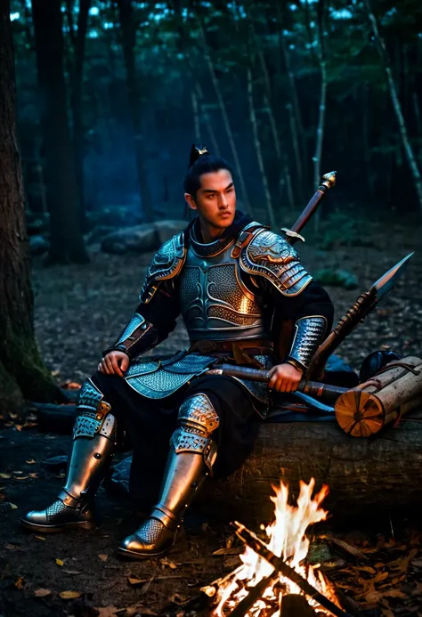  An armoured warrior sits by the campfire , hes tired ,  a big sword lies next to him,  hes sitting in the woods at night 