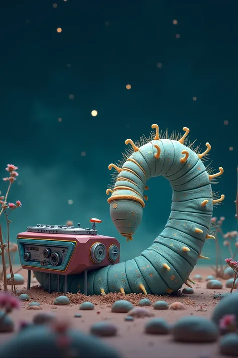 A caterpillar worm touching a stylophone with the stars in the background