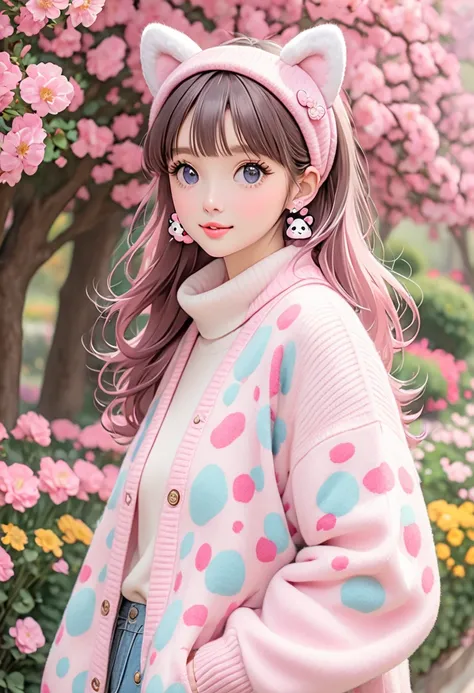 The image shows an individual with long, dark hair. They are wearing fluffy cat ear headbands and a high-neck, sleeveless sweater with a cute panda design on the front. The sweater is a light cream color with a pink panda face. The person is also wearing p...