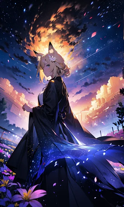 １people々々,Woman with medium length blonde hair，Fox Ears，Long coat，Takageta， Dress Silhouette， Rear View，Space Sky, Flower Field，Countless meteor showers，Colorful flowers，Dancing Petals，